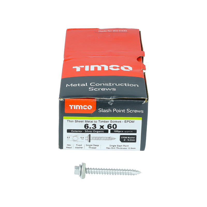 TIMco Slash Point Sheet Metal to Timber Screws Exterior Silver with 16mm EPDM Washer - 6.3 x 60 - 100 Pieces