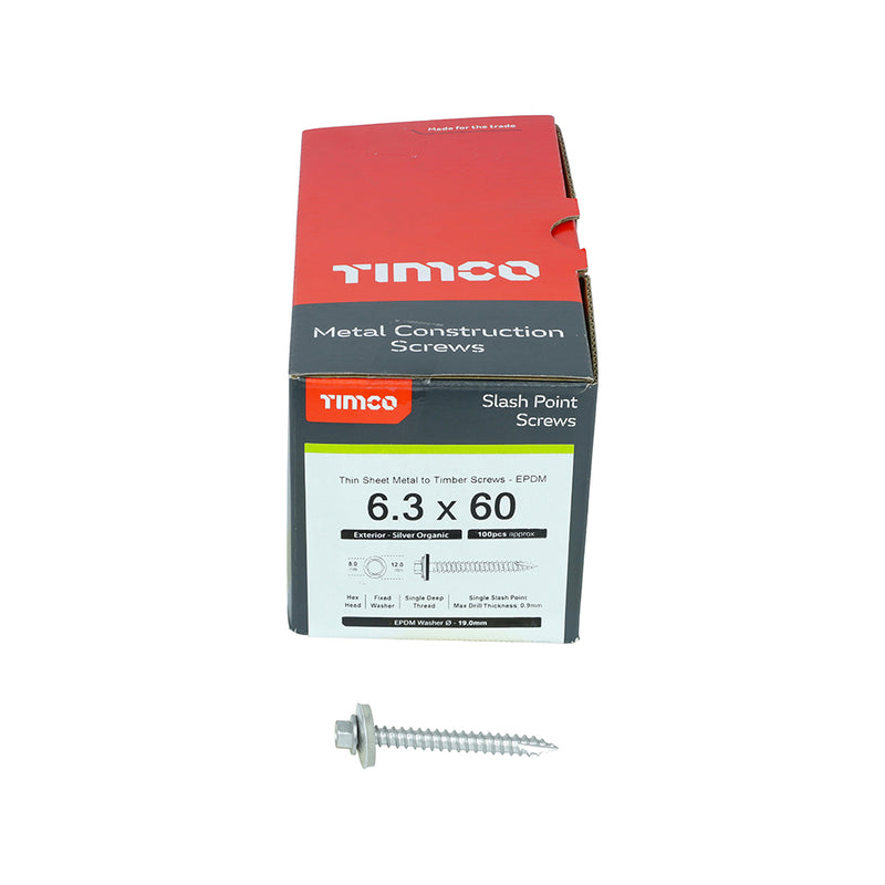 TIMco Slash Point Sheet Metal to Timber Screws Exterior Silver with 19mm EPDM Washer - 6.3 x 60 - 100 Pieces