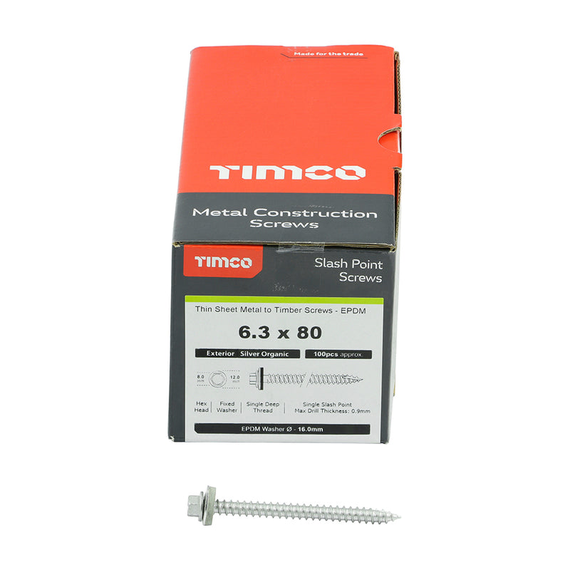 TIMco Slash Point Sheet Metal to Timber Screws Exterior Silver with EPDM Washer - 6.3 x 80 - 100 Pieces