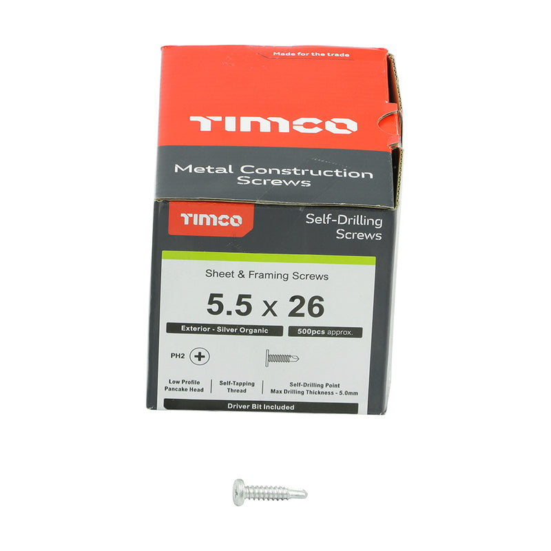 TIMco Self-Drilling Metal Framing Low Profile Pancake Head Exterior Silver Screws - 5.5 x 26 - 500 Pieces