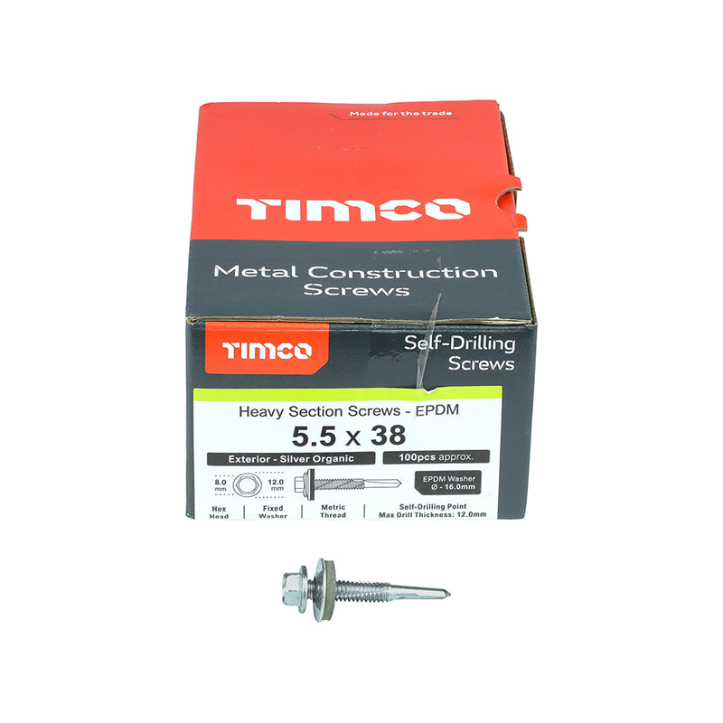 TIMco Self-Drilling Heavy Section Screws Exterior Silver with EPDM Washer - 5.5 x 38 - 100 Pieces Box