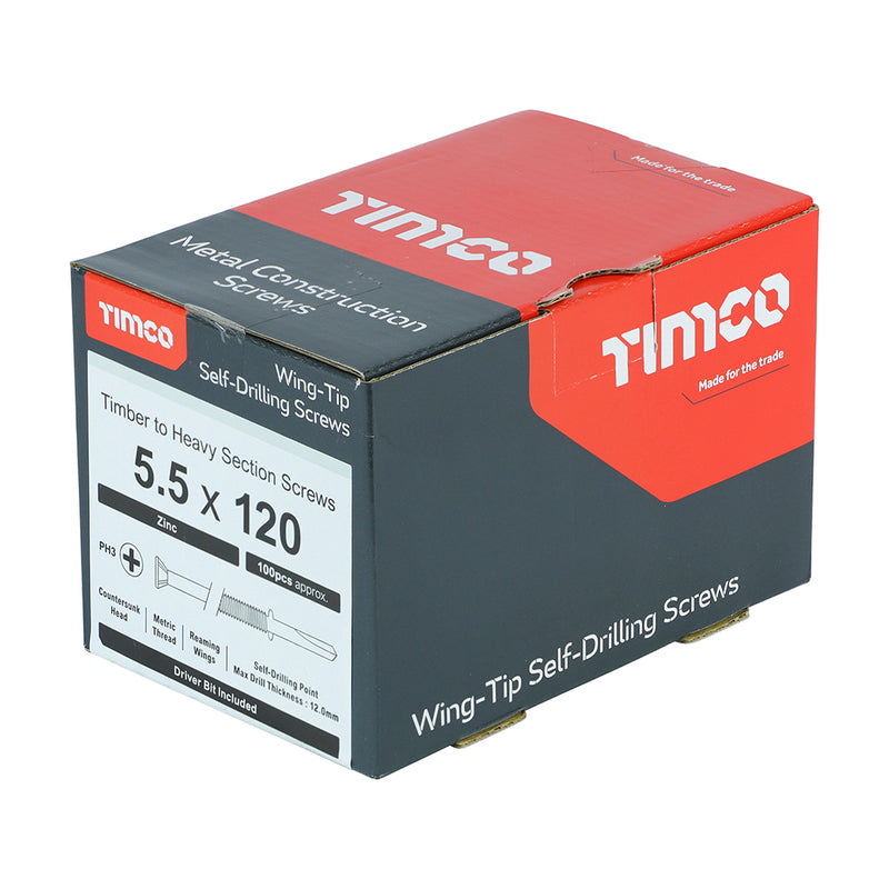 TIMco Self-Drilling Wing-Tip Steel to Timber Heavy Section Silver Screws  - 5.5 x 120 - 100 Pieces