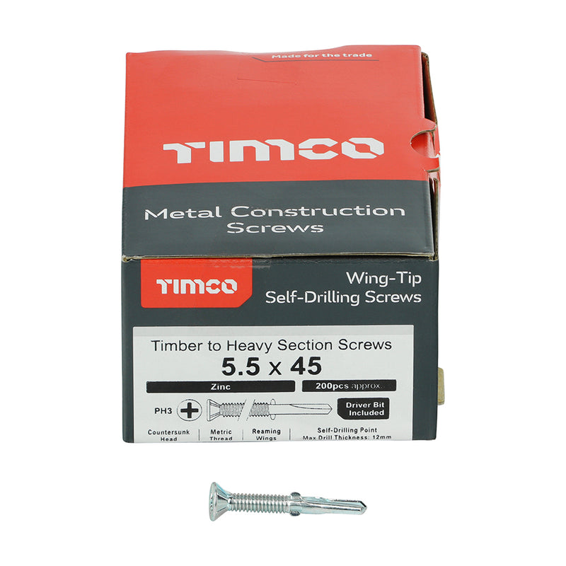 TIMco Self-Drilling Wing-Tip Steel to Timber Heavy Section Silver Screws  - 5.5 x 45 - 200 Pieces