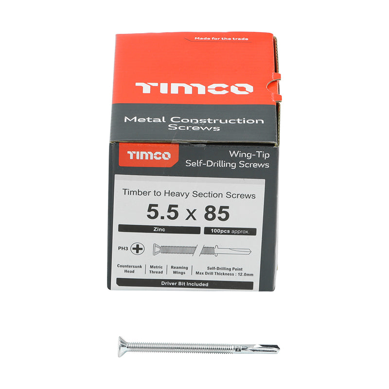 TIMco Self-Drilling Wing-Tip Steel to Timber Heavy Section Silver Screws  - 5.5 x 85 - 100 Pieces