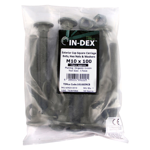 TIMco Carriage Bolts DIN603 Hex Nuts & Form A Washers Green Exterior - M10 x 100 - 10 Pieces