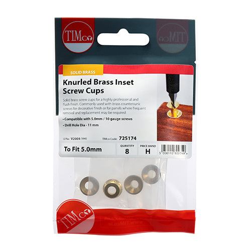 TIMco Knurled Brass Inset Screw Cup - To fit 4.8, 5.0 Screw - 8 Pieces
