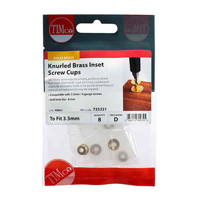 TIMco Knurled Brass Inset Screw Cup - To fit 3.5 Screw - 8 Pieces