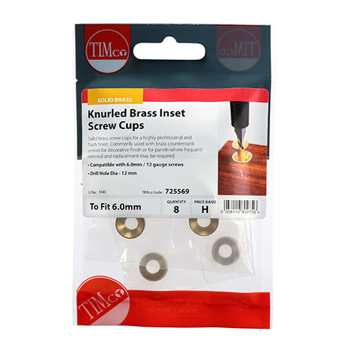 TIMco Knurled Brass Inset Screw Cup - To fit 5.5, 6.0 Screw - 8 Pieces