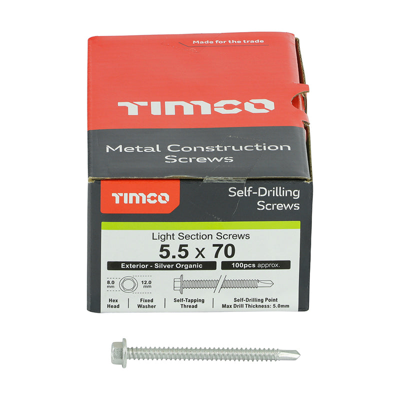 TIMco Self-Drilling Light Section Screws Exterior Silver - 5.5 x 70 - 100 Pieces Box