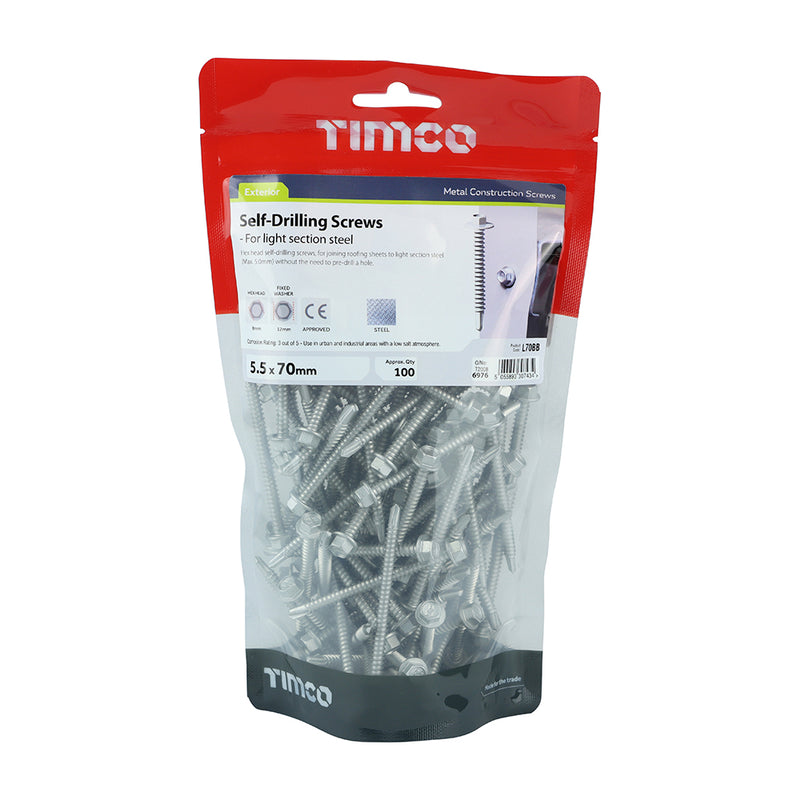 TIMco Self-Drilling Light Section Screws Exterior Silver - 5.5 x 70 - 100 Pieces