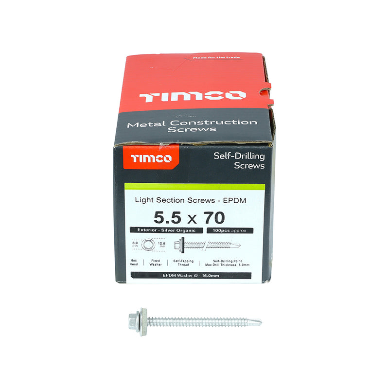 TIMco Self-Drilling Light Section Screws Exterior Silver with EPDM Washer - 5.5 x 70 - 100 Pieces