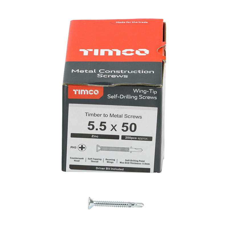 TIMco Self-Drilling Wing-Tip Steel to Timber Light Section Silver Screws  - 5.5 x 50 - 200 Pieces