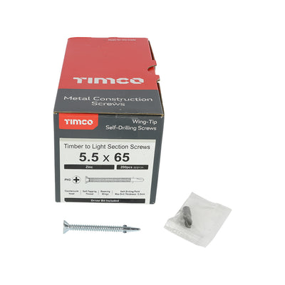 TIMco Self-Drilling Wing-Tip Steel to Timber Light Section Silver Screws  - 5.5 x 65 - 200 Pieces