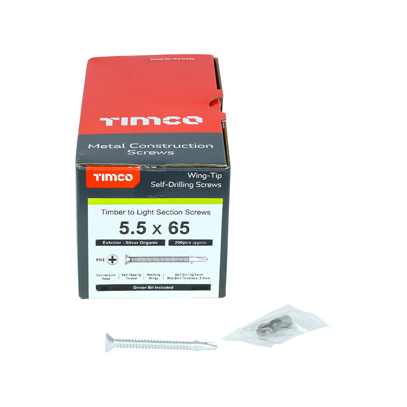 TIMco Self-Drilling Wing-Tip Steel to Timber Light Section Exterior Silver Screws  - 5.5 x 85 - 100 Pieces