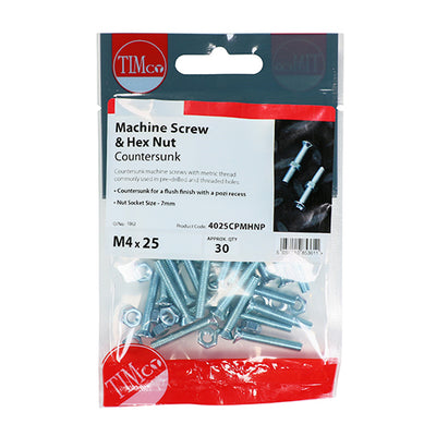 TIMco Machine Countersunk Screws & Hex Nut Silver - M5 x 10 - 40 Pieces