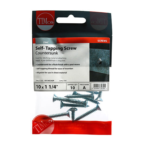 TIMco Self-Tapping Countersunk Silver Screws - 10 x 1 1/4 - 10 Pieces