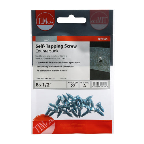 TIMco Self-Tapping Countersunk Silver Screws - 8 x 1/2 - 22 Pieces
