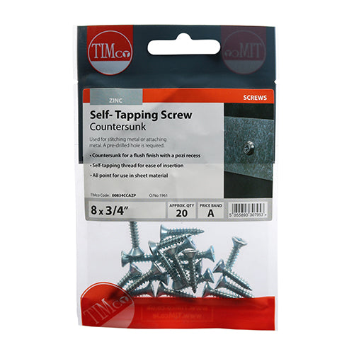 TIMco Self-Tapping Countersunk Silver Screws - 8 x 3/4 - 20 Pieces