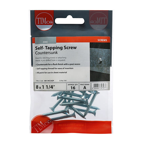 TIMco Self-Tapping Countersunk Silver Screws - 8 x 1 1/4 - 16 Pieces