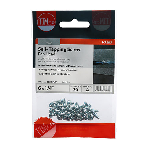 TIMco Self-Tapping Pan Head Silver Screws - 6 x 1/4 - 30 Pieces