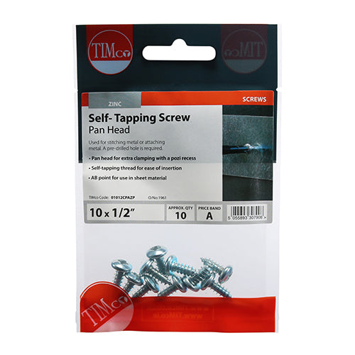 TIMco Self-Tapping Pan Head Silver Screws - 10 x 1/2 - 10 Pieces