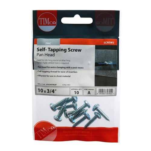 TIMco Self-Tapping Pan Head Silver Screws - 10 x 3/4 - 10 Pieces