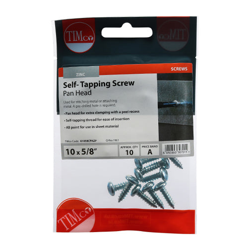 TIMco Self-Tapping Pan Head Silver Screws - 10 x 5/8 - 10 Pieces