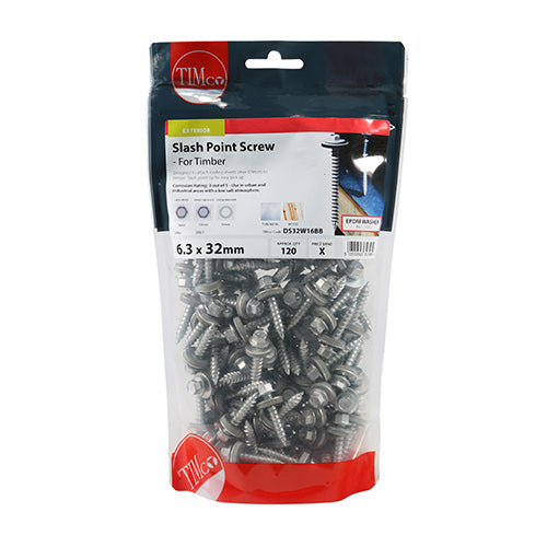 TIMco Slash Point Sheet Metal to Timber Screws Exterior Silver with EPDM Washer - 6.3 x 32 - 120 Pieces