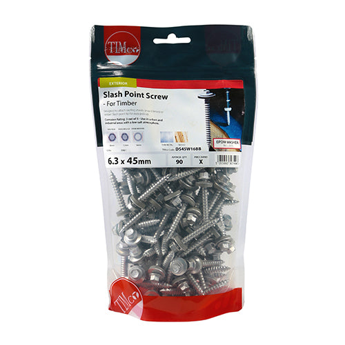 TIMco Slash Point Sheet Metal to Timber Screws Exterior Silver with EPDM Washer - 6.3 x 45 - 90 Pieces