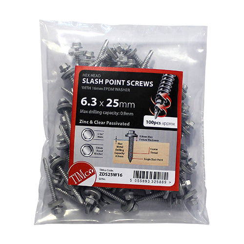 TIMco Slash Point Sheet Metal to Timber Screws Silver with EPDM Washer - 6.3 x 32 - 100 Pieces