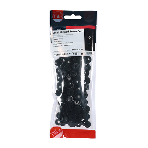 TIMco Hinged Screw Caps Small Black - To fit 3.0 to 4.5 Screw - 100 Pieces