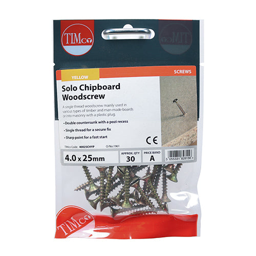 TIMco Solo Countersunk Gold Woodscrews - 4.0 x 25 - 30 Pieces