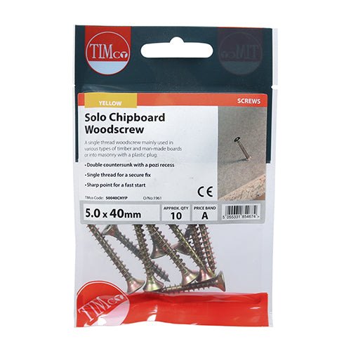 TIMco Solo Countersunk Gold Woodscrews - 5.0 x 40 - 10 Pieces