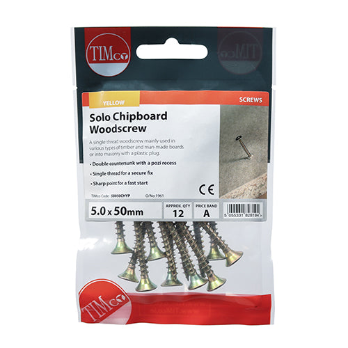 TIMco Solo Countersunk Gold Woodscrews - 5.0 x 50 - 12 Pieces
