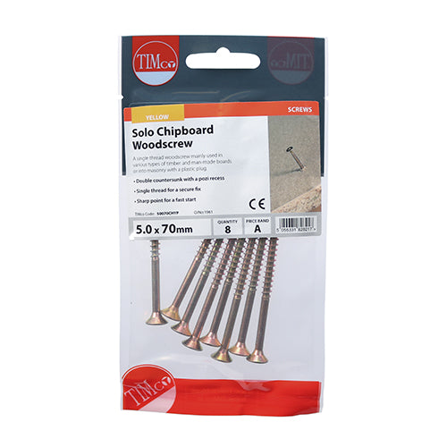 TIMco Solo Countersunk Gold Woodscrews - 5.0 x 70 - 8 Pieces