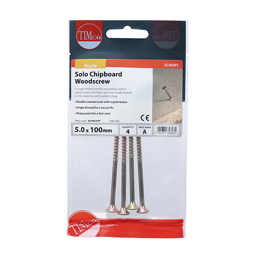 TIMco Solo Countersunk Gold Woodscrews - 5.0 x 100 - 4 Pieces