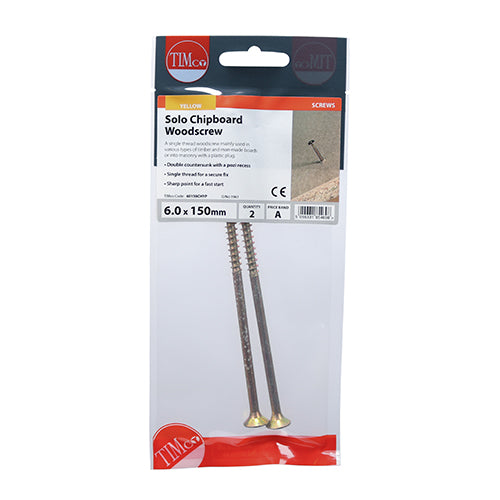 TIMco Solo Countersunk Gold Woodscrews - 6.0 x 150 - 2 Pieces