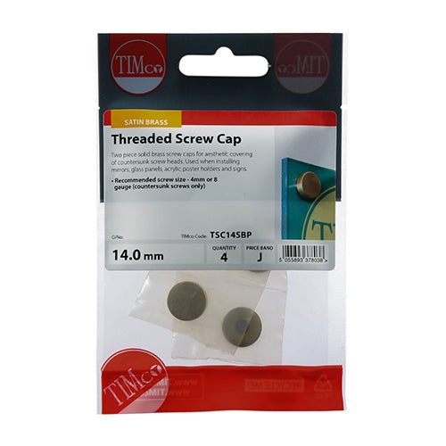 TIMco Threaded Screw Caps Solid Brass Satin Brass - 14mm - 4 Pieces