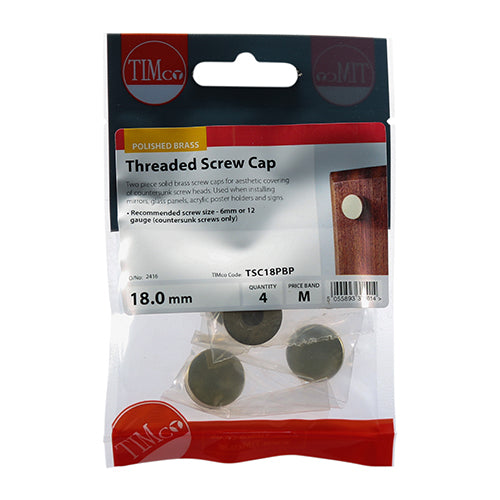 TIMco Threaded Screw Caps Solid Brass Polished Brass - 18mm - 4 Pieces