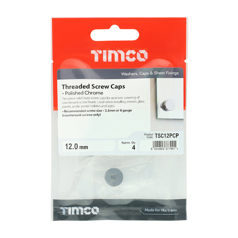 TIMco Threaded Screw Caps Solid Brass Polished Chrome - 12mm - 4 Pieces