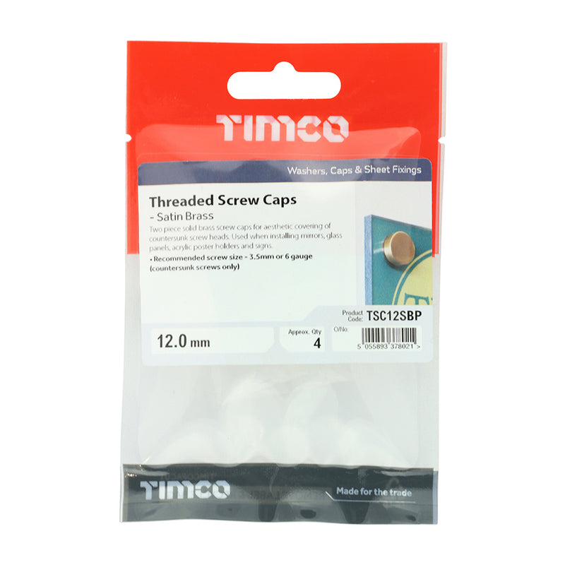 TIMco Threaded Screw Caps Solid Brass Satin Brass - 12mm - 4 Pieces
