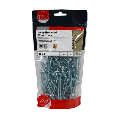 TIMco Twin-Threaded Countersunk Silver Woodscrews - 8 x 3 - 180 Pieces