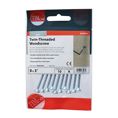 TIMco Twin-Threaded Countersunk Silver Woodscrews - 8 x 3 - 10 Pieces