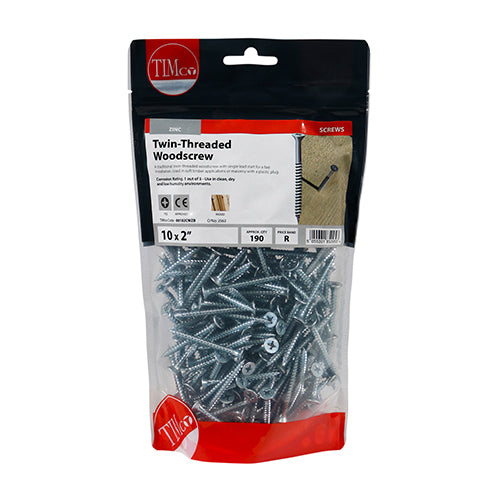 TIMco Twin-Threaded Countersunk Silver Woodscrews - 10 x 2 - 190 Pieces