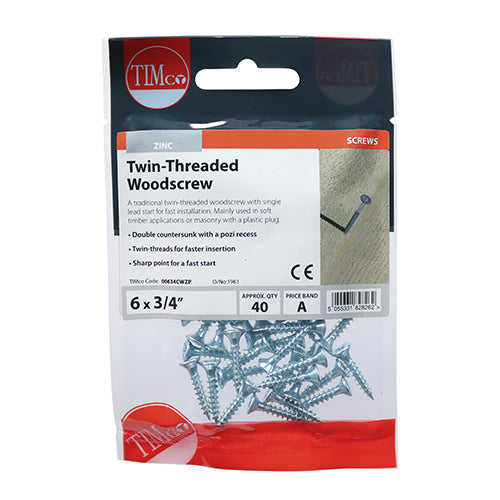 TIMco Twin-Threaded Countersunk Silver Woodscrews - 6 x 3/4 - 40 Pieces