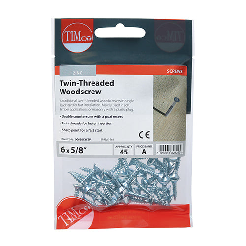 TIMco Twin-Threaded Countersunk Silver Woodscrews - 6 x 5/8 - 45 Pieces