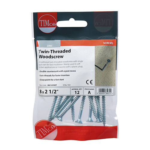 TIMco Twin-Threaded Countersunk Silver Woodscrews - 8 x 21/2 - 12 Pieces