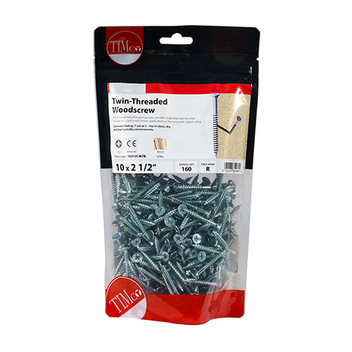 TIMco Twin-Threaded Countersunk Silver Woodscrews - 10 x 21/2 - 160 Pieces