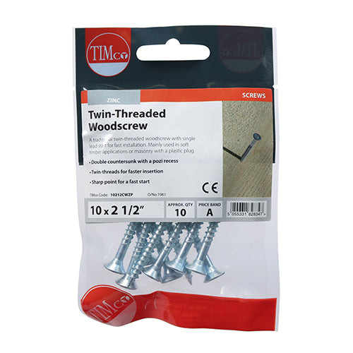 TIMco Twin-Threaded Countersunk Silver Woodscrews - 10 x 21/2 - 10 Pieces