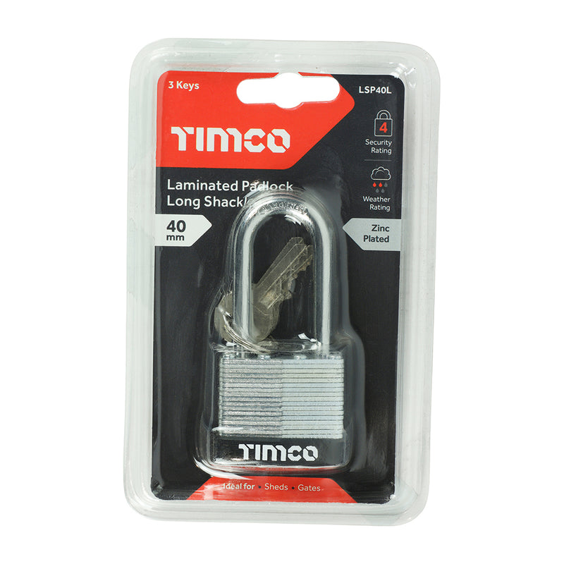 TIMCO Laminated Padlock - Long Shackle - 40mm